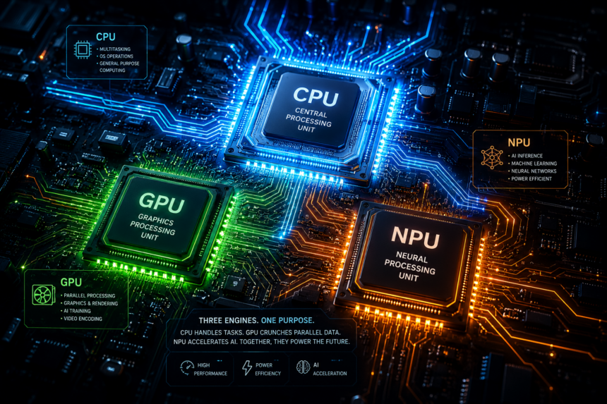 CPU, GPU, and NPU comparison in a modern AI computer