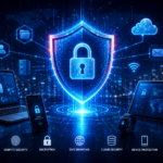 Digital cybersecurity shield protecting computers, smartphones, cloud storage and online data.