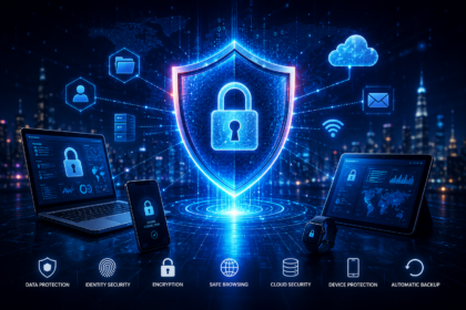 Digital cybersecurity shield protecting computers, smartphones, cloud storage and online data.