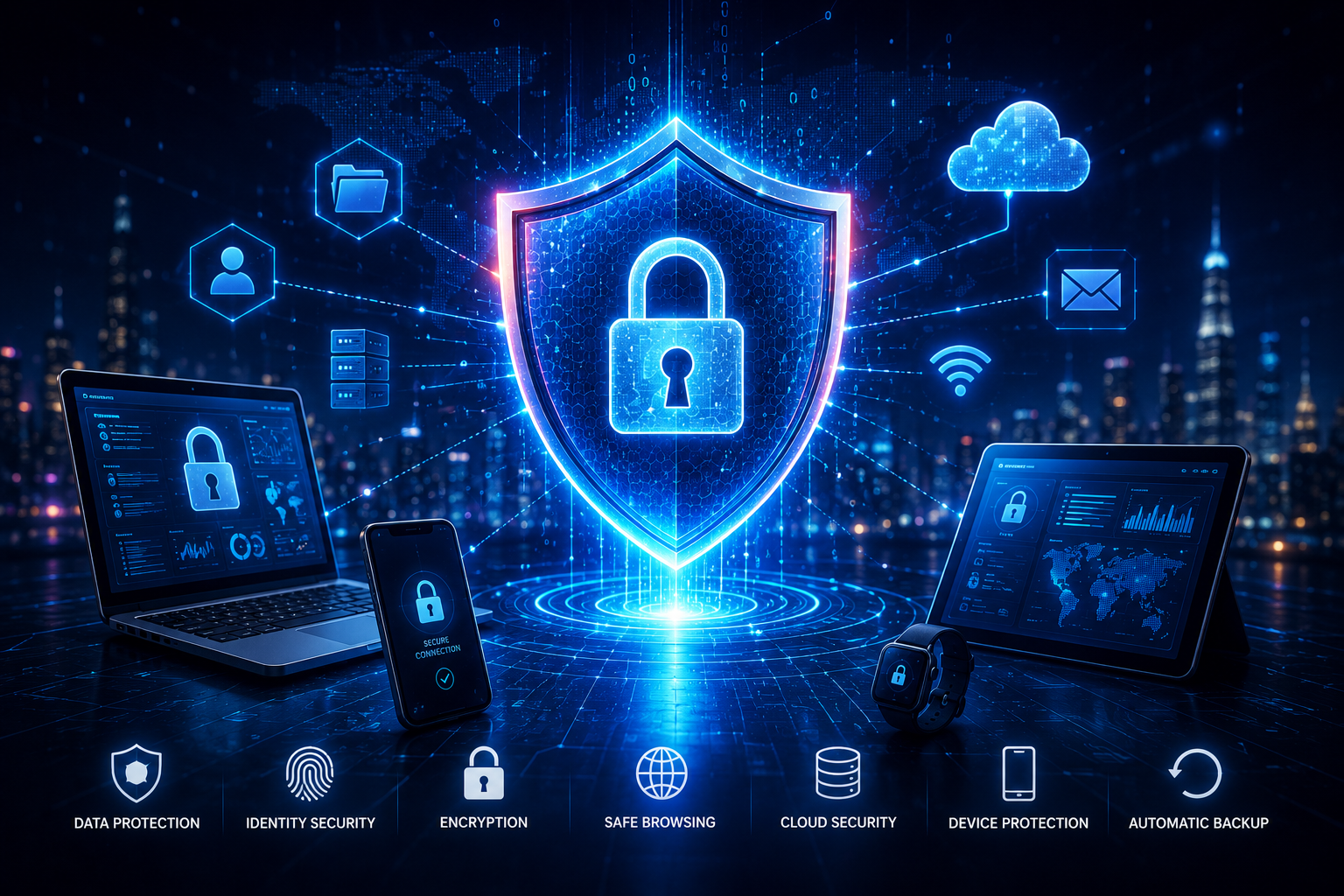 Digital cybersecurity shield protecting computers, smartphones, cloud storage and online data.
