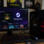 Gaming PC running SteamOS with the Steam logo, illustrating Valve's expansion of its Linux-based gaming operating system to desktop PCs