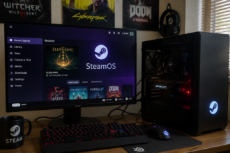 Gaming PC running SteamOS with the Steam logo, illustrating Valve's expansion of its Linux-based gaming operating system to desktop PCs