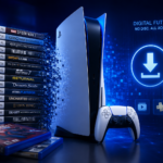 PlayStation 5 surrounded by physical game discs transitioning into digital downloads
