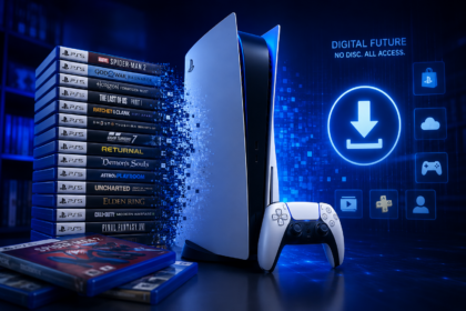 PlayStation 5 surrounded by physical game discs transitioning into digital downloads