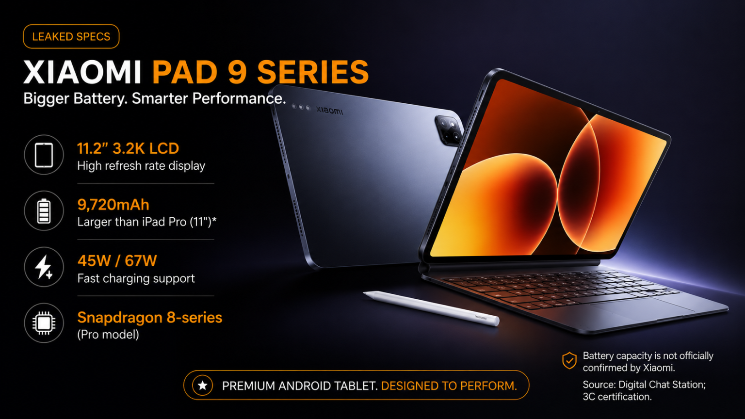 Xiaomi Pad 9 Series concept based on Xiaomi Pad 7 official design with larger battery and 3.2K display.