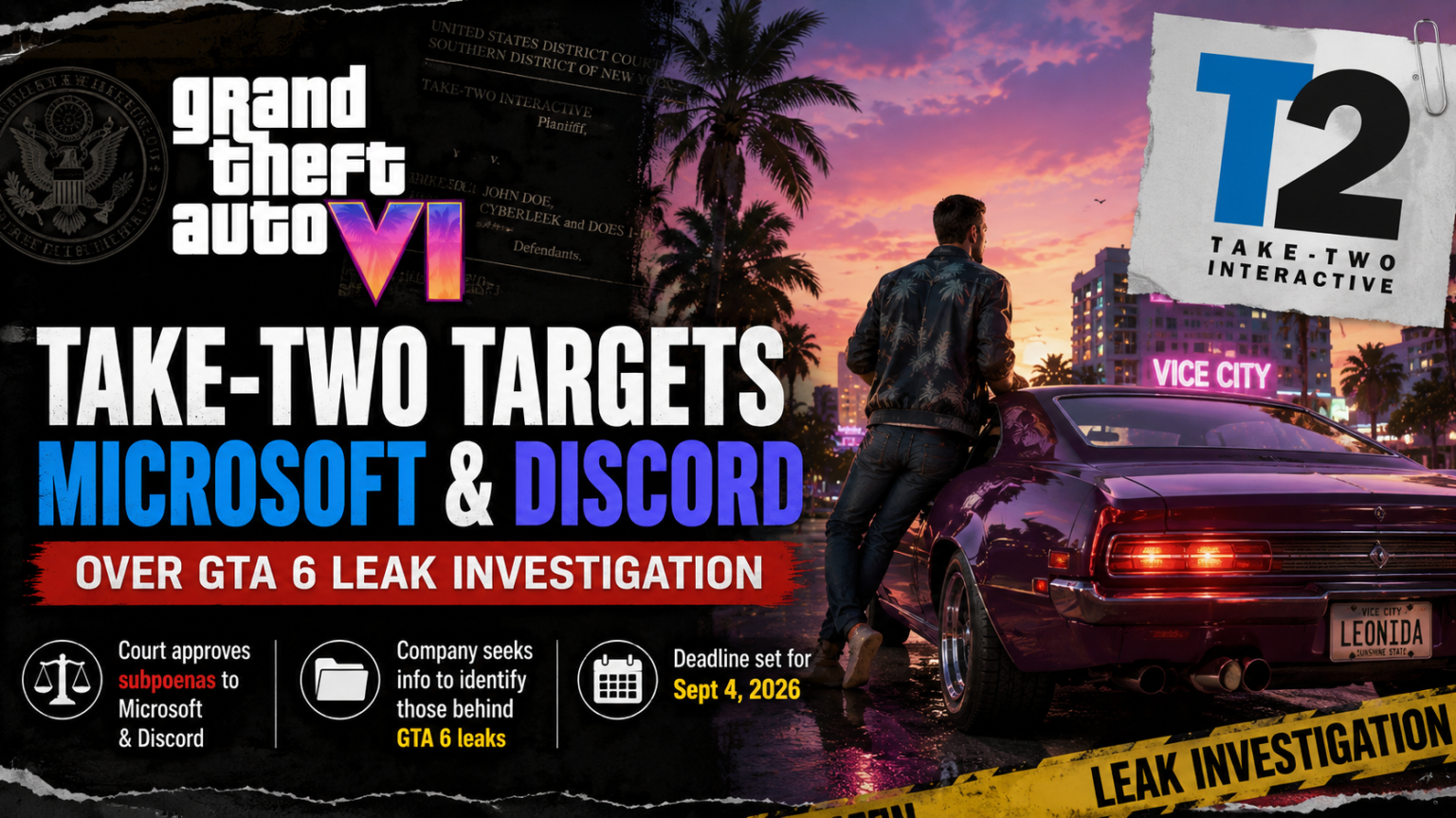 GTA 6 logo with a warning about the latest leaks and legal action